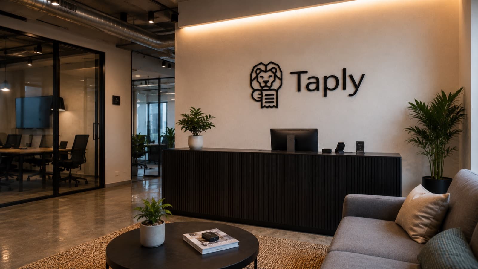 De receptie van het kantoor van Taply, met het Taply-logo aan de wand