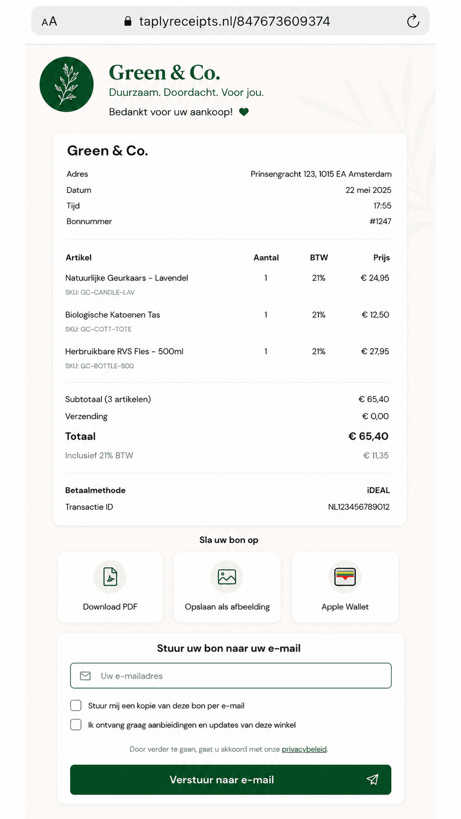 Digitale Taply-kassabon geopend in de browser, met items en totaal
