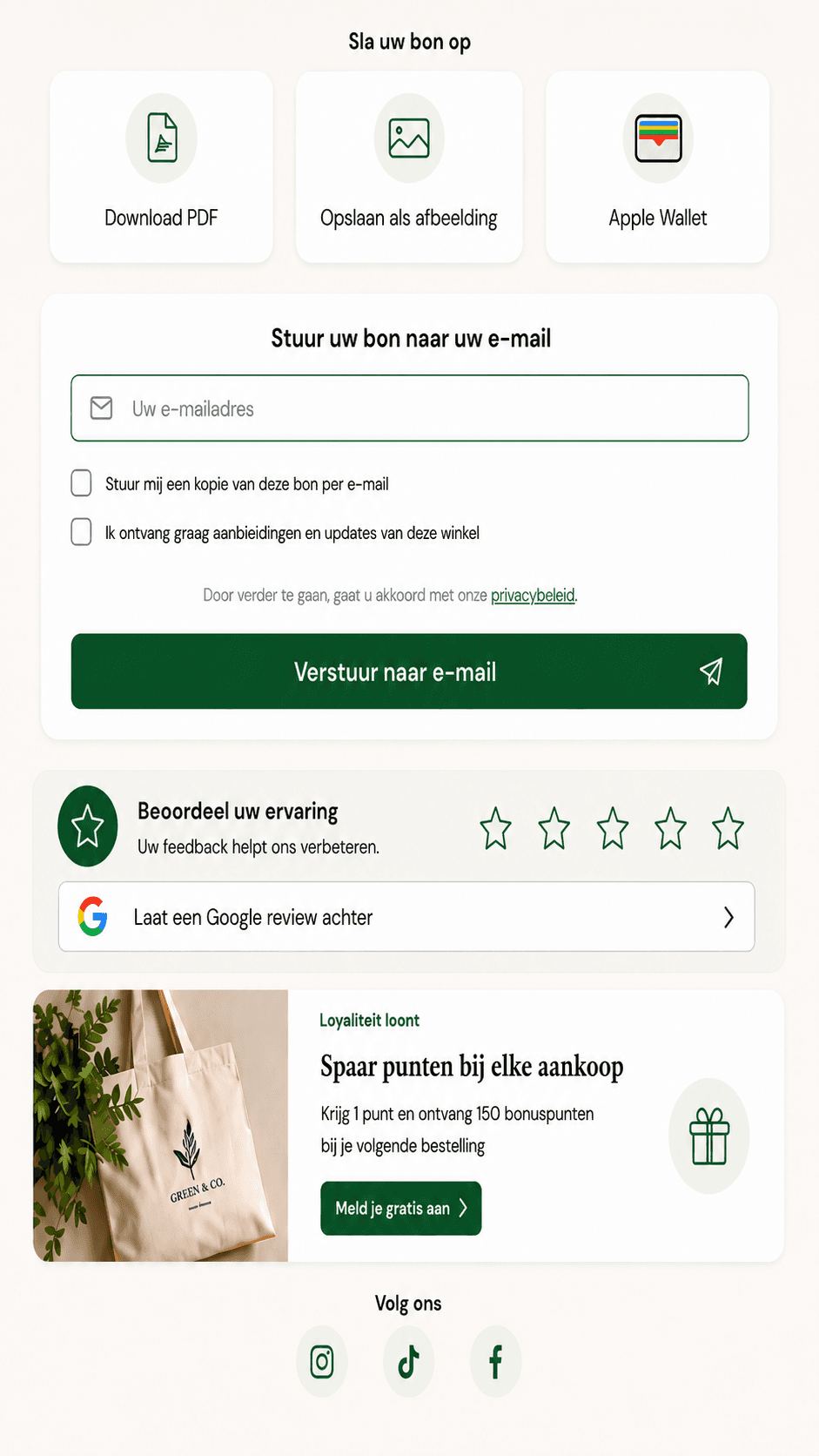 E-mailveld, AVG-consent en Google-review-prompt onder de Taply-bon