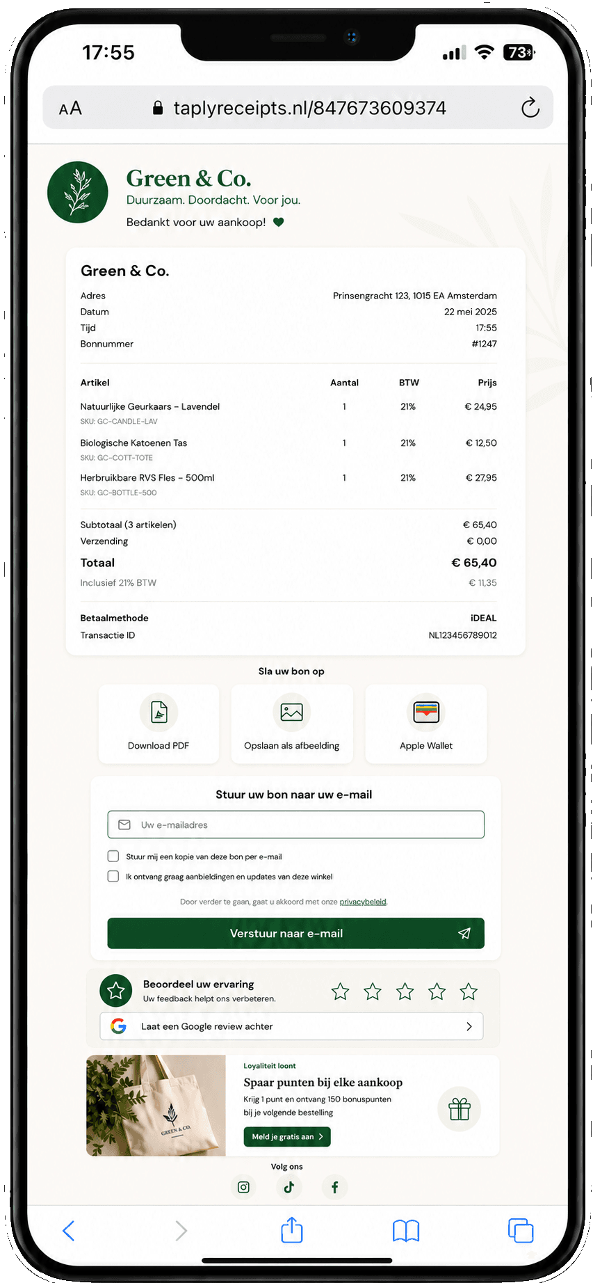 Een digitale Taply-kassabon geopend op de telefoon van een klant